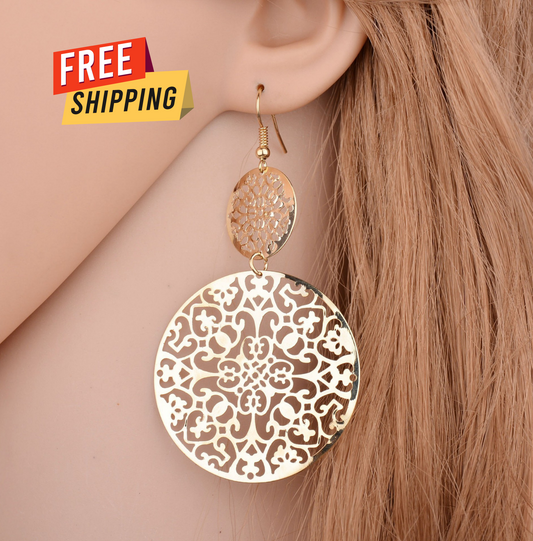 Womens Round Hollow Gold Filled Dangle Earrings