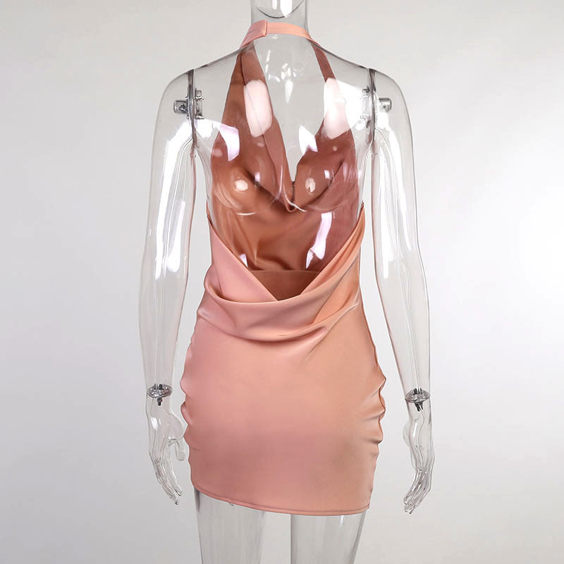Satin Party Dress V Neck Backless