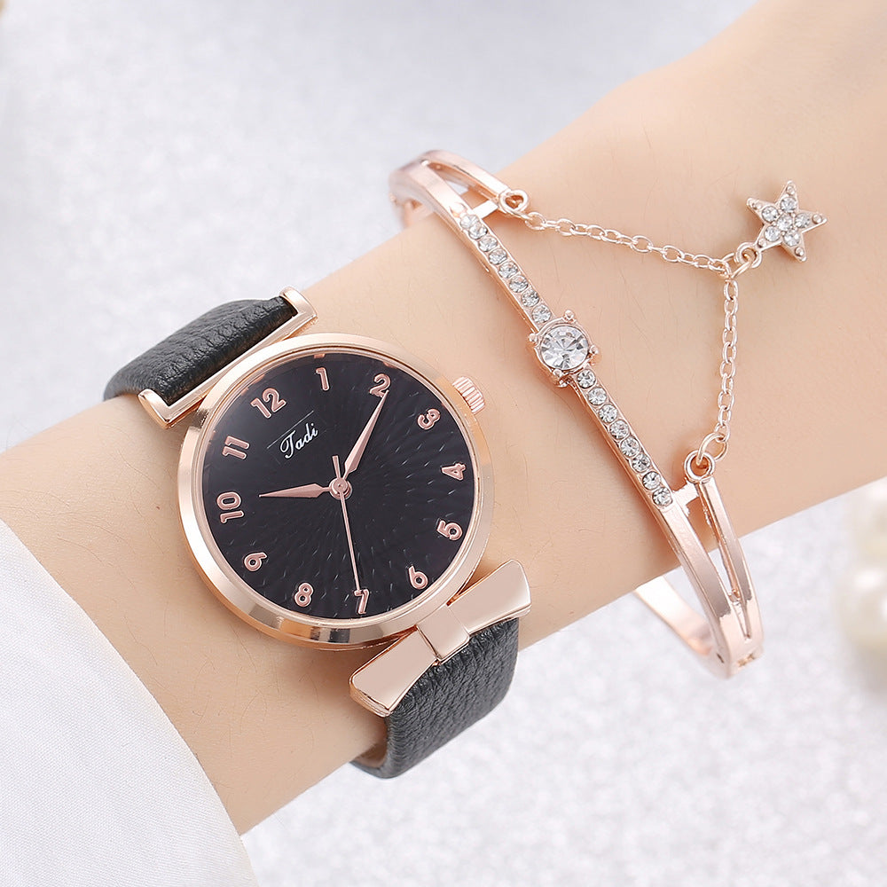 Premium women's leather and metal watch with bracelet set