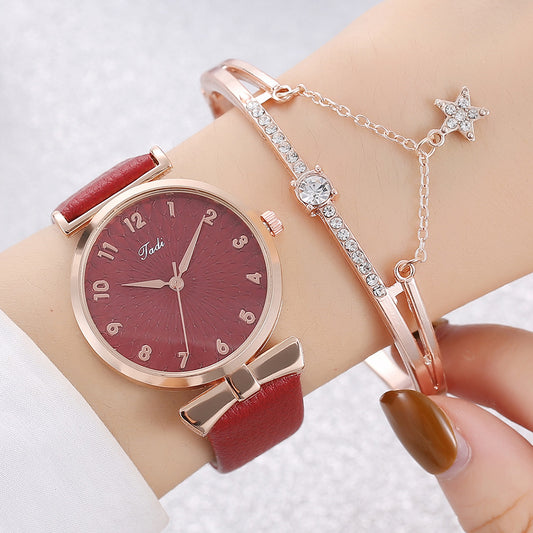 Premium women's leather and metal watch with bracelet set