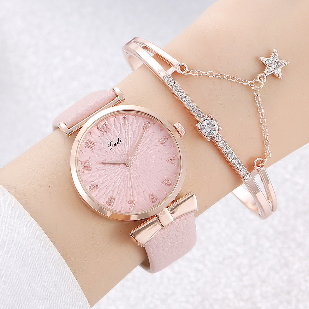 Premium women's leather and metal watch with bracelet set