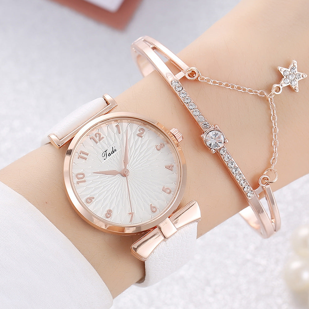 Premium women's leather and metal watch with bracelet set