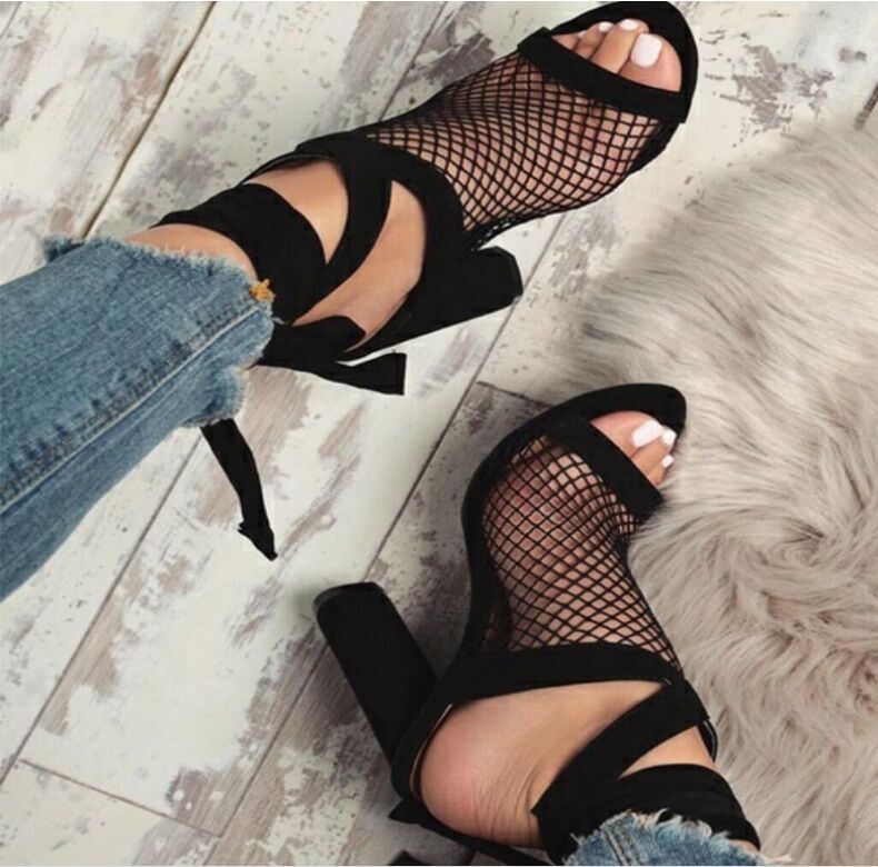 Sandals Bandage Flock Cross Strap Up High Heels
