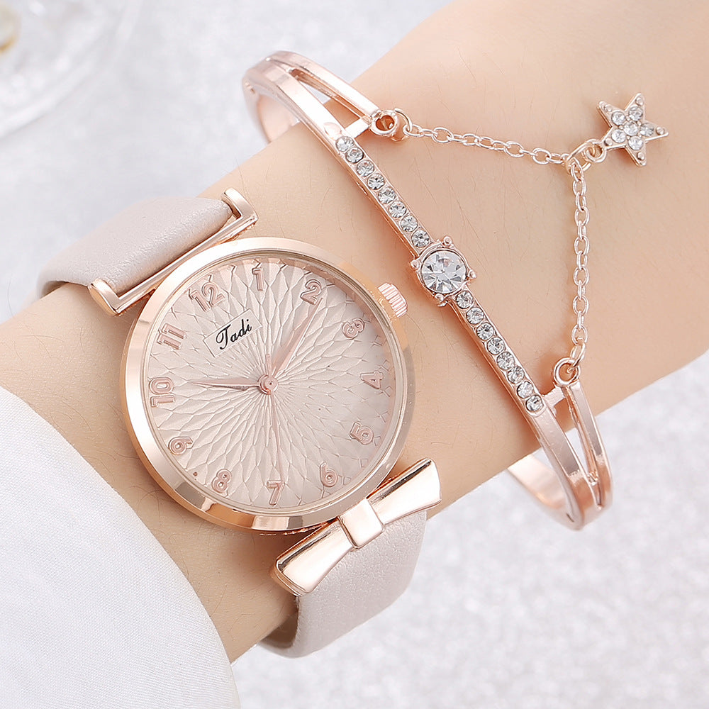 Premium women's leather and metal watch with bracelet set
