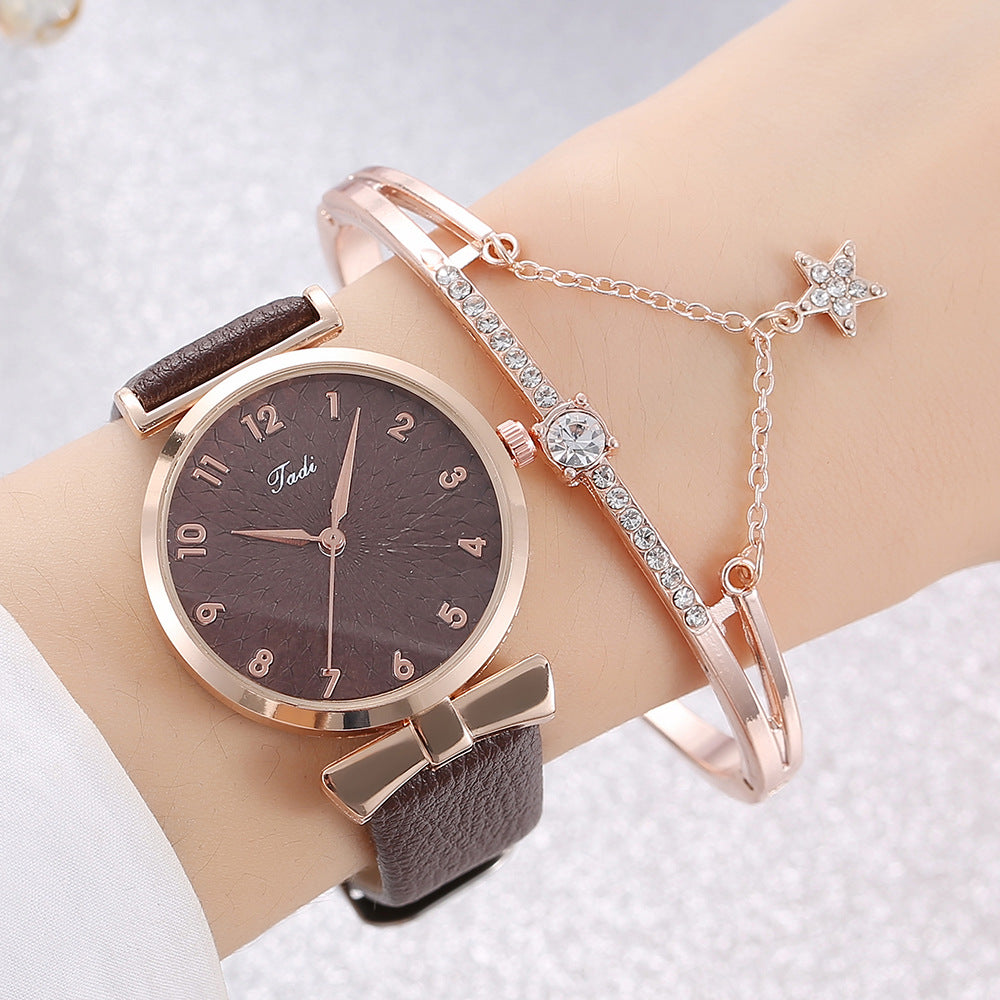 Premium women's leather and metal watch with bracelet set
