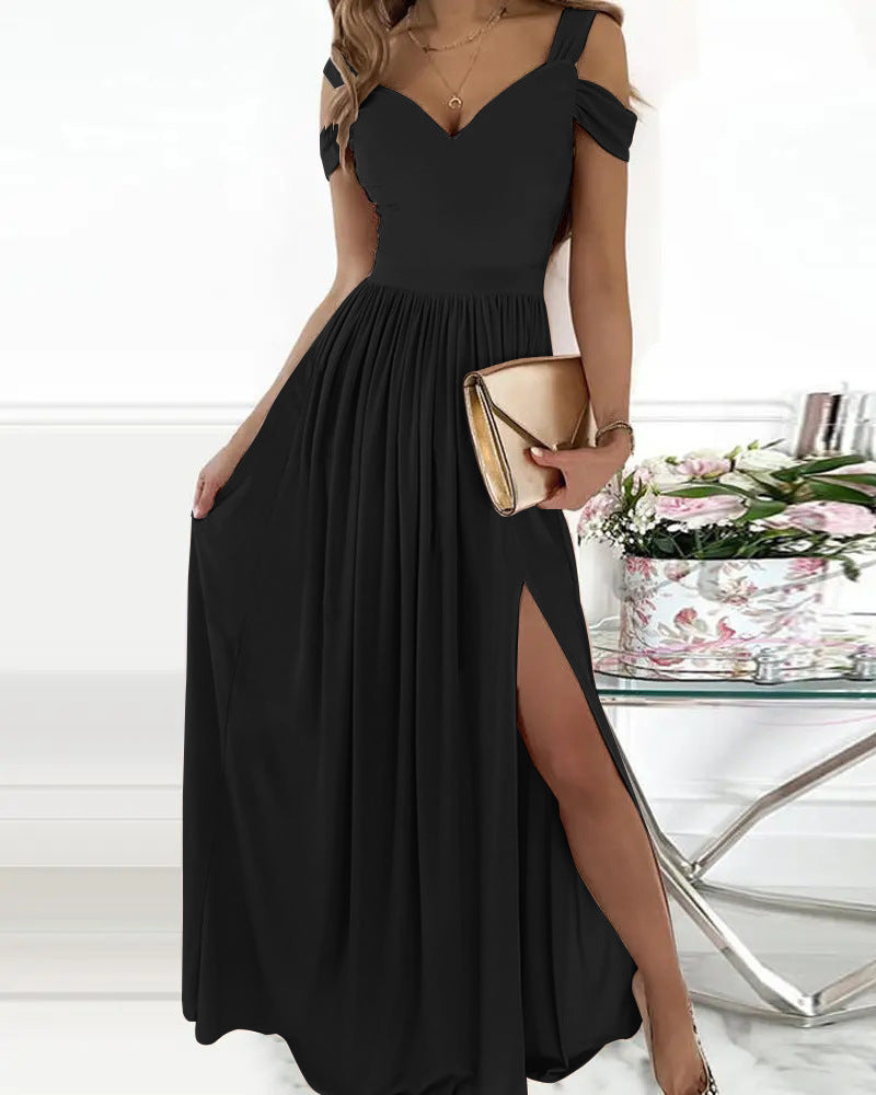 long flowy dress with v-neck and spaghetti straps