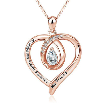 925 Silver Heart-Shaped Always My Sister Forever My Friend Zircon Pendant Necklace