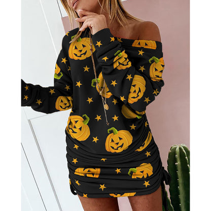 Irregular long-sleeved dress with colorful print