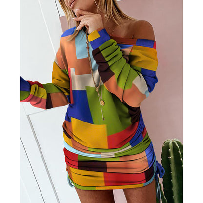 Irregular long-sleeved dress with colorful print