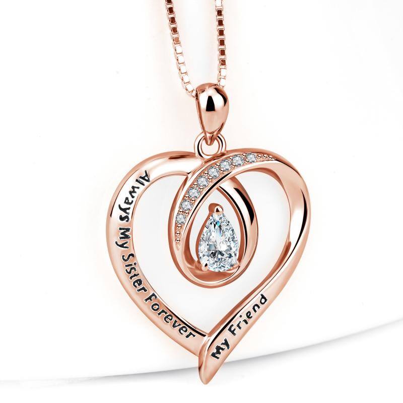 925 Silver Heart-Shaped Always My Sister Forever My Friend Zircon Pendant Necklace