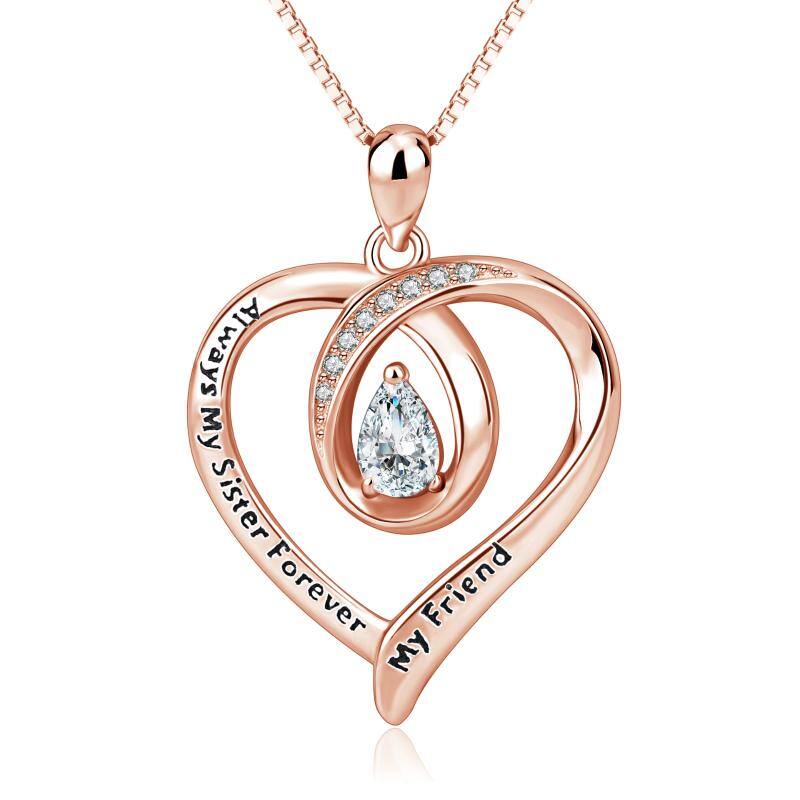 925 Silver Heart-Shaped Always My Sister Forever My Friend Zircon Pendant Necklace